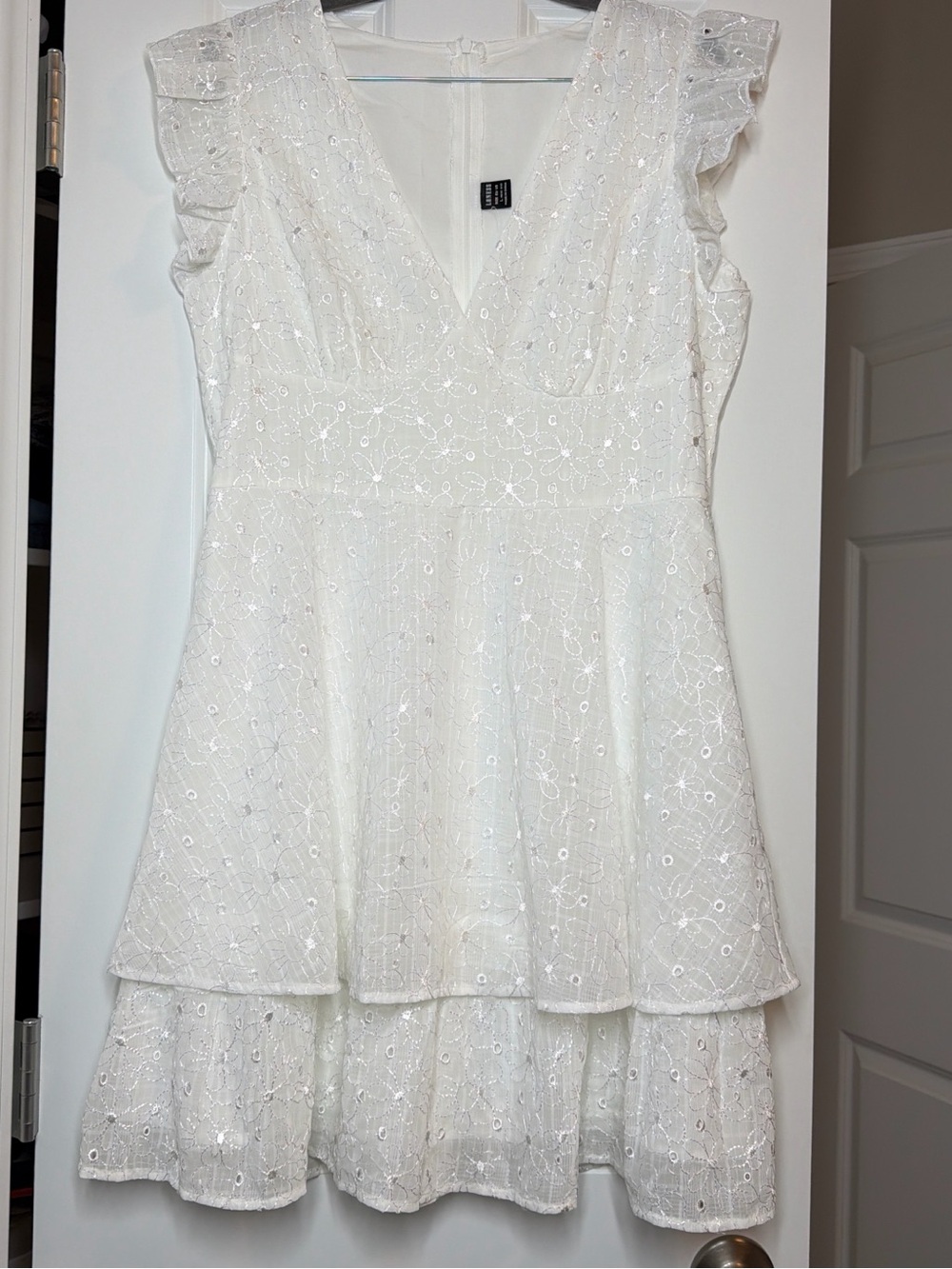 Loness White Eyelet V-Neck Tiered Mini Dress with Ruffle Shoulders